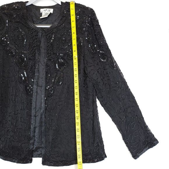 Silk Open Jacket Beaded Sequin AP Ltd Women M Black Evening Cocktail Festive Vtg - Picture 3 of 16